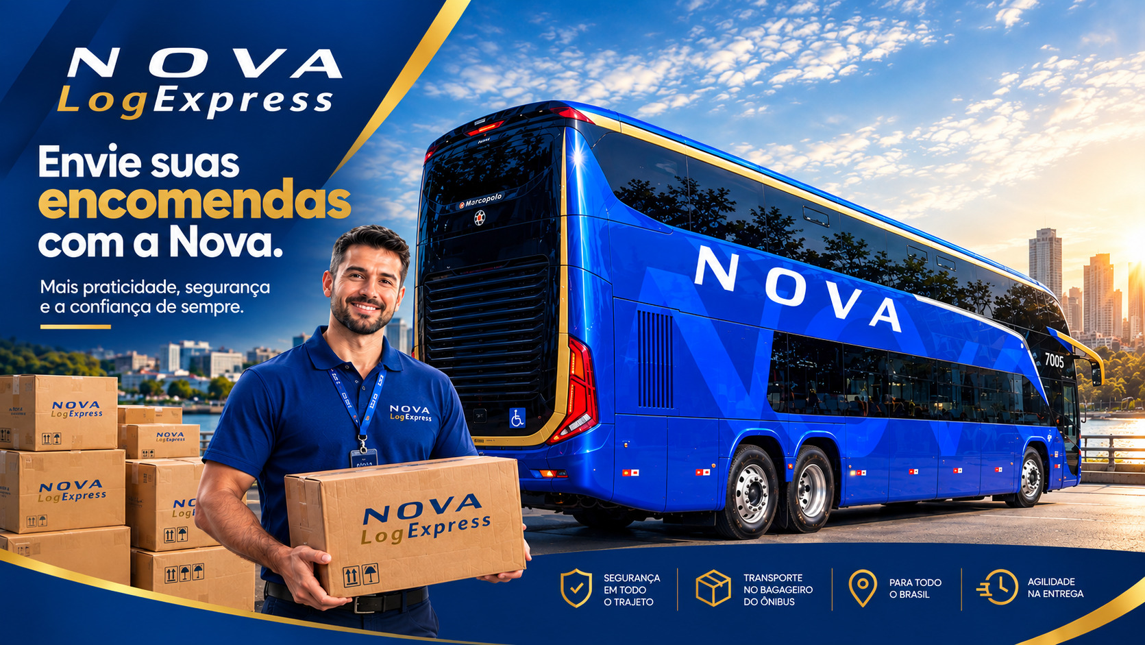 Agora você também pode enviar suas encomendas com a Nova. Mais praticidade, segurança e a confiança de sempre. Atendente da Nova Log Express segurando uma caixa ao lado de um ônibus double decker azul da Nova.